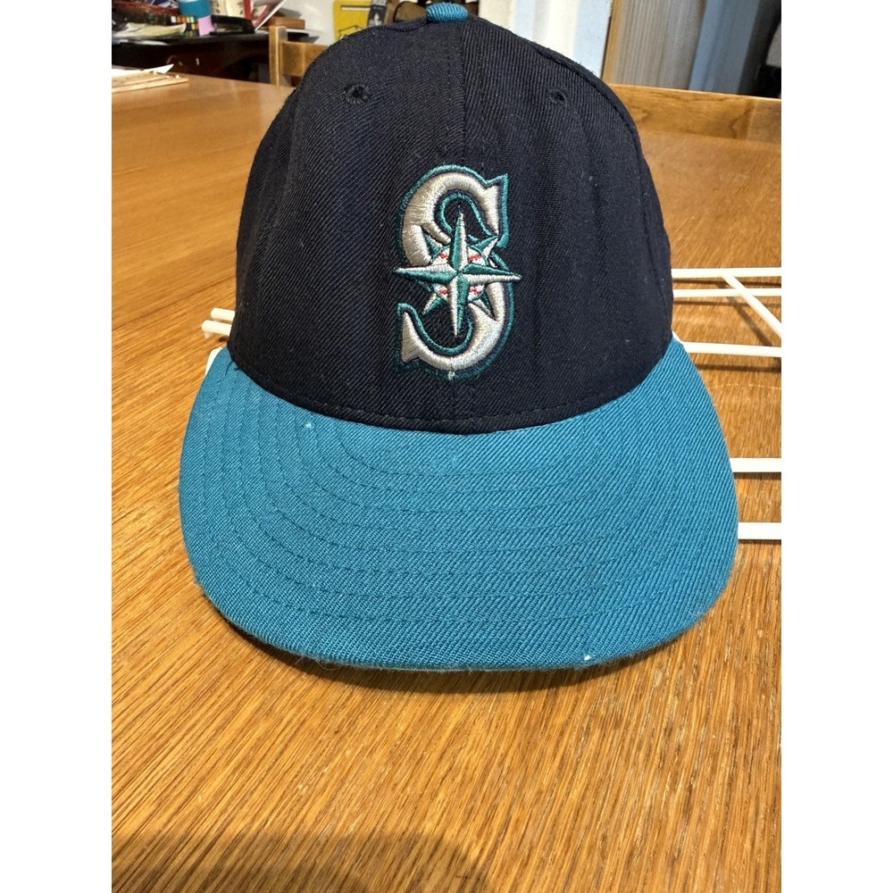 VTG Seattle Mariners New Era 59FIFTY 7 1/4 USA Made Wool Fitted Hat Black Teal